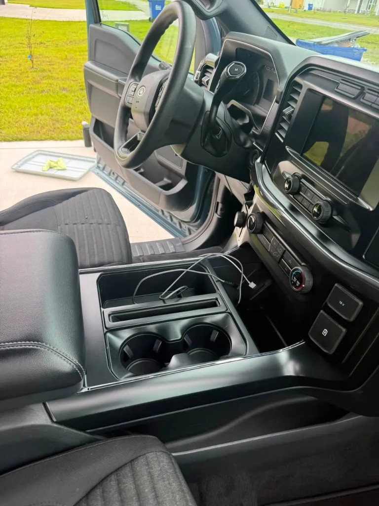 Detailed truck center console, dashboard, and seats after interior cleaning